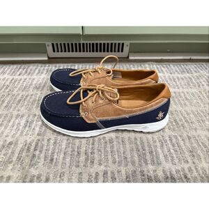 Skechers Mens Air Cooled Goga Mat Boat Shoes Lace-Up Comfort Navy Blue Size 8.5